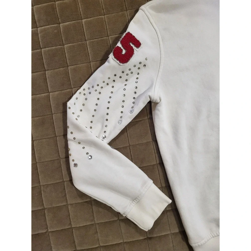 Gucci Distressed Logo Print Hoodie Ivory Size Medium W/Rhinestone Diamonds